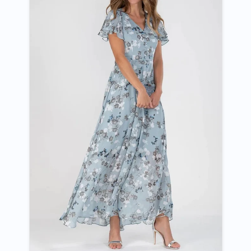 Long Floral Dress with Bell Sleeves and Garden Print - Olytrend