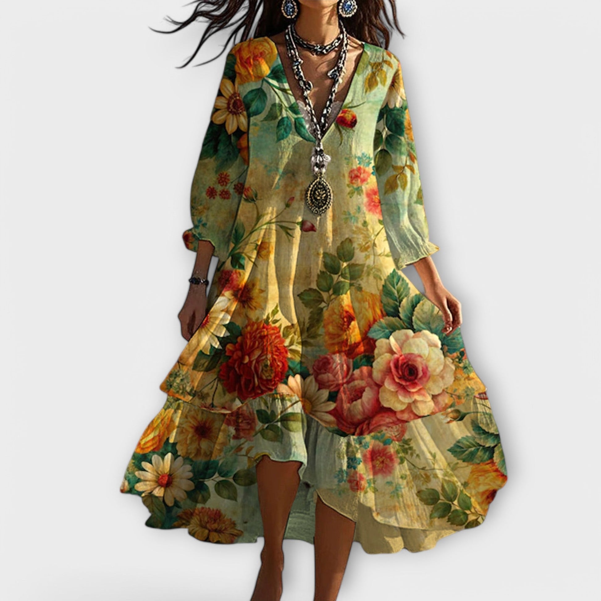 Ladies Elegant Long Sleeve Floral Maxi Dress - Nocini