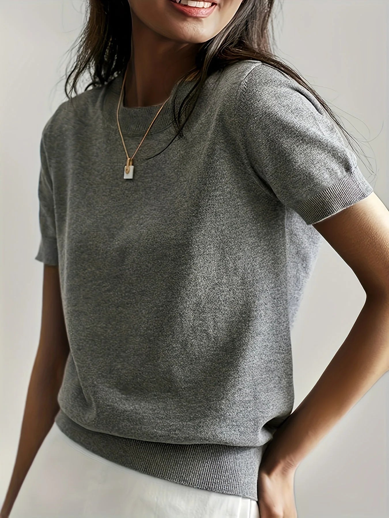 Spring Sweater with Short Sleeves – Mira-Grey-XS-The Livary