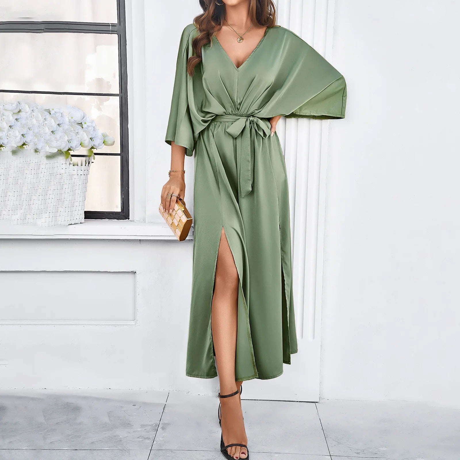 SpringFinesse - V-neck Spring Dress-Green-XS-Nora Luxe
