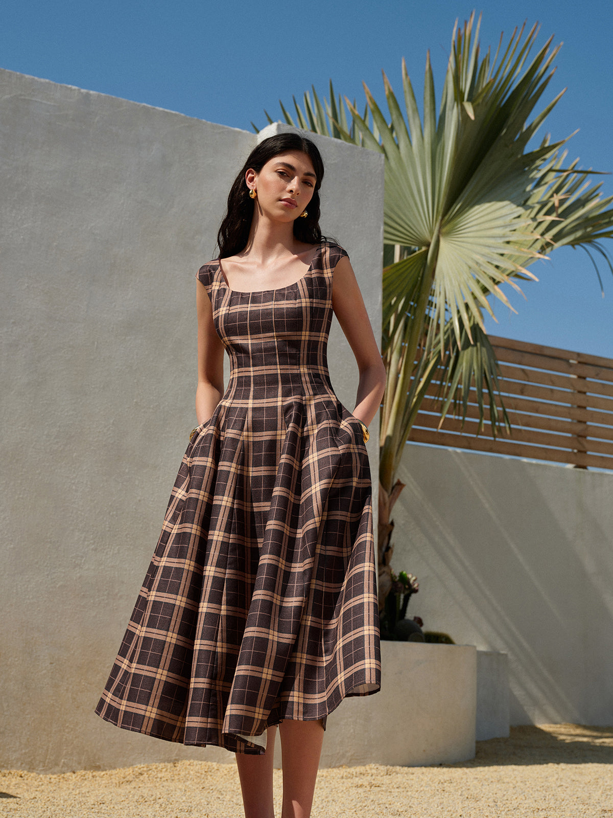 Classic Fit Sleeveless Plaid Summer Dress - Pexav