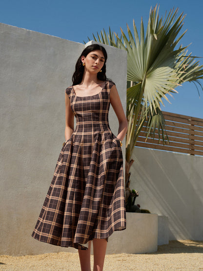 Classic Fit Sleeveless Plaid Summer Dress - Pexav