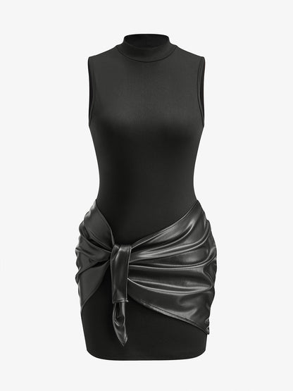 Faux Leather Ruffle Front Fit Dress - Pexav