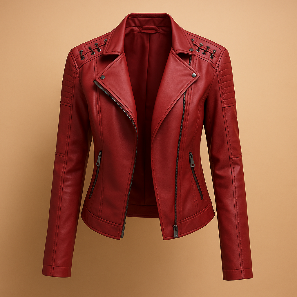 Women’s tailored stand-collar jacket with silver zipper and stud details, perfect for chic daily outfits and elegant occasions.