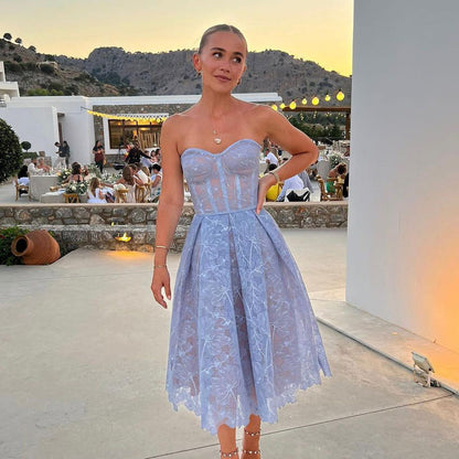 Strapless Kant Midi Dress with Corset Top - Luna-Blue-XS-Nora Luxe