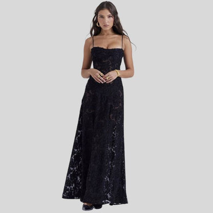 Sleek Lace Evening Gown with Square Neckline - Pexav