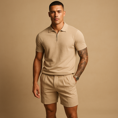 Men’s modern streetwear set with matching shirt and shorts, perfect for casual wear, relaxing at home, or city outings.