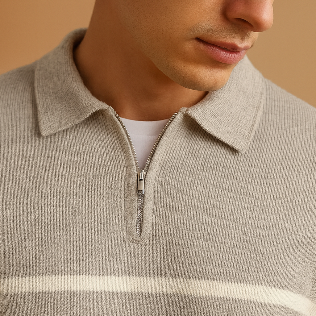 Men’s grey striped half-zip knit sweater with a warm, lightweight feel, ideal for casual and semi-formal autumn and winter outfits.