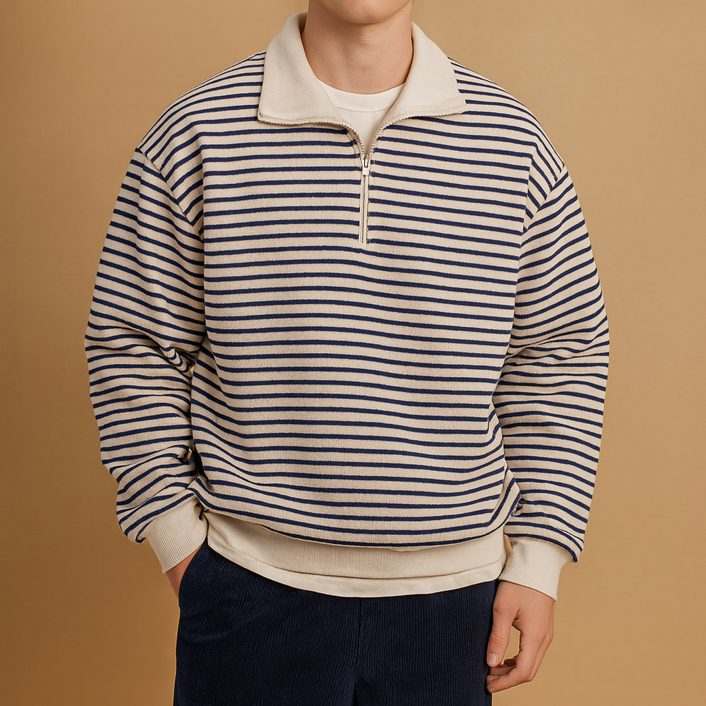 Men’s striped half-zip pullover in white with black stripes, featuring a comfortable casual fit and modern sporty style for everyday wear.