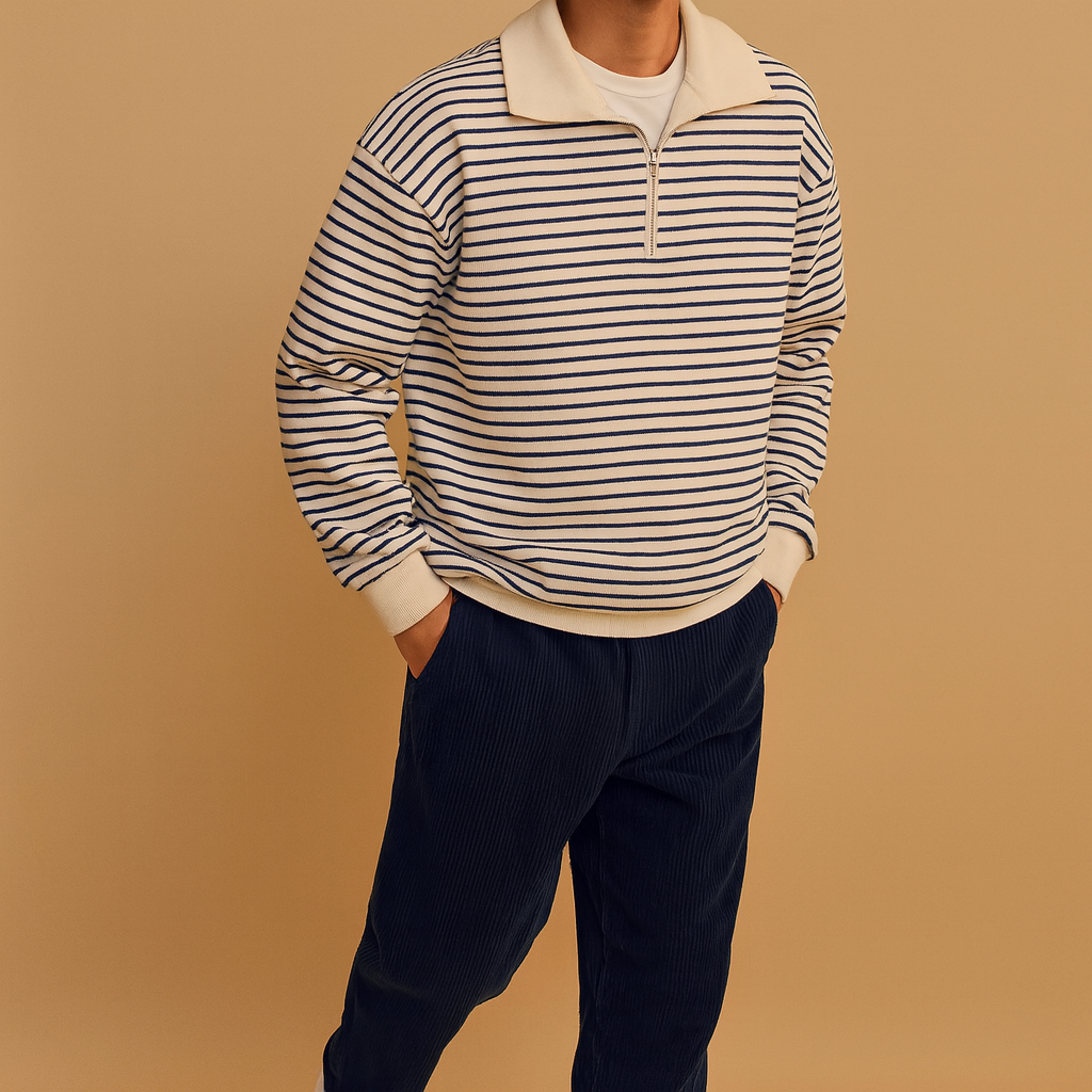 Men’s striped half-zip pullover in white with black stripes, featuring a comfortable casual fit and modern sporty style for everyday wear.