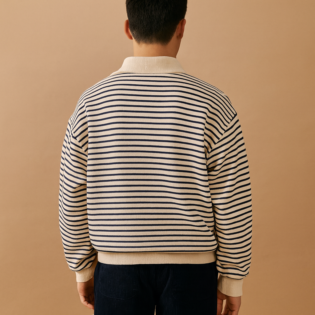 Men’s striped half-zip pullover in white with black stripes, featuring a comfortable casual fit and modern sporty style for everyday wear.
