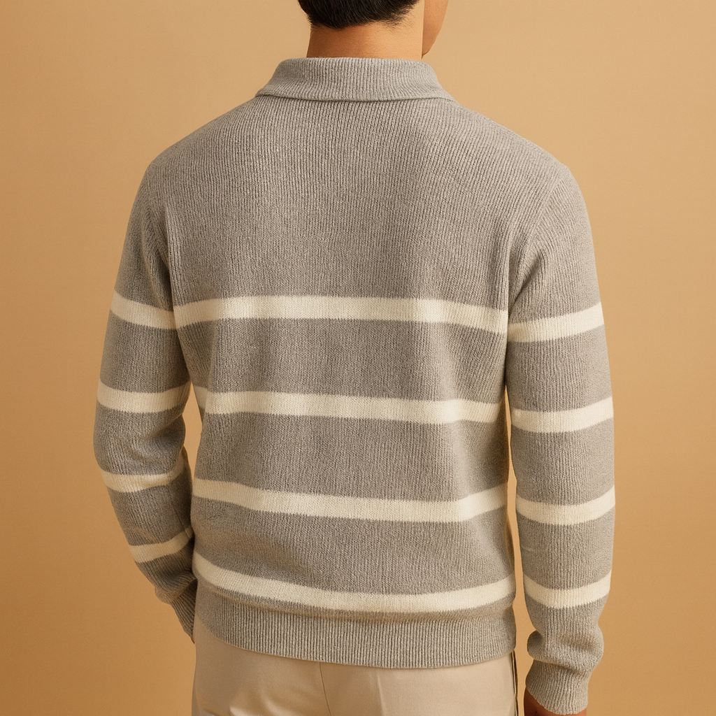 Men’s striped half-zip gray sweater with a warm comfortable fit, ideal for casual and semi-formal outfits in autumn and winter.