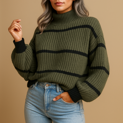 Women’s striped high neck sweater in black and white with ribbed cuffs, perfect for casual and smart-casual outfits.