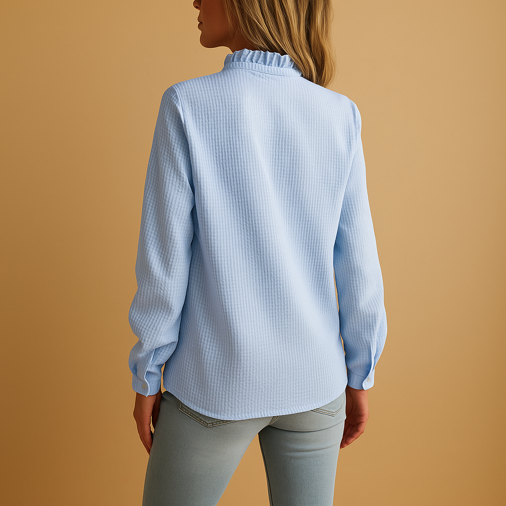 Elegant striped ruffle blouse for women in black, white, pink, and blue with button details, perfect for casual or office wear.