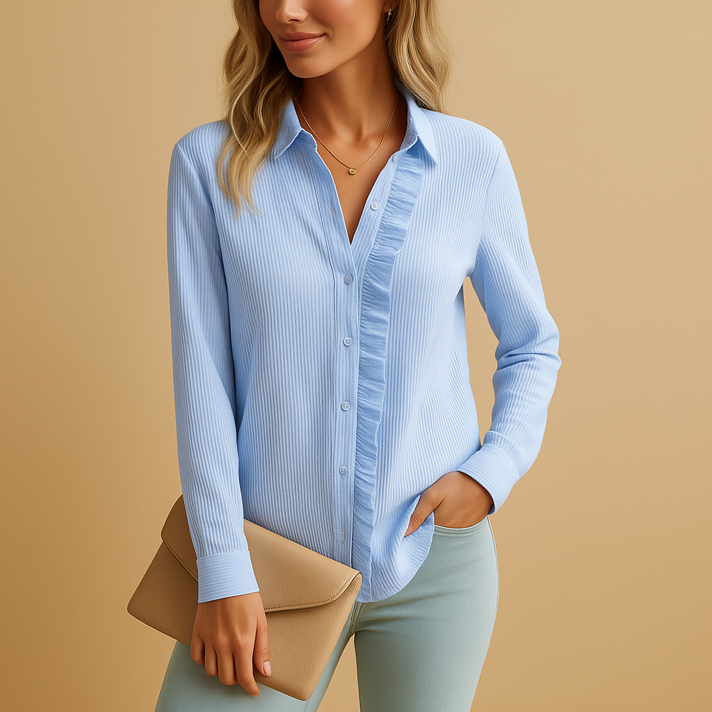 Elegant striped ruffle blouse for women in black, white, pink, and blue with button details, perfect for casual or office wear.