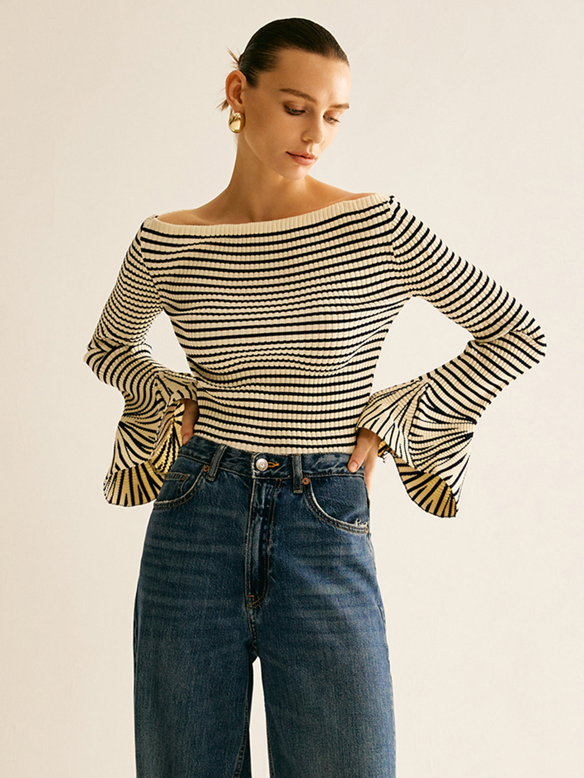 Colorful Bell Sleeve Knit Shirt - Pexav
