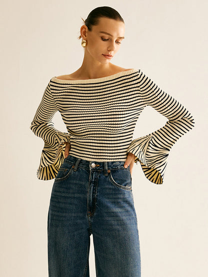 Colorful Bell Sleeve Knit Shirt - Pexav