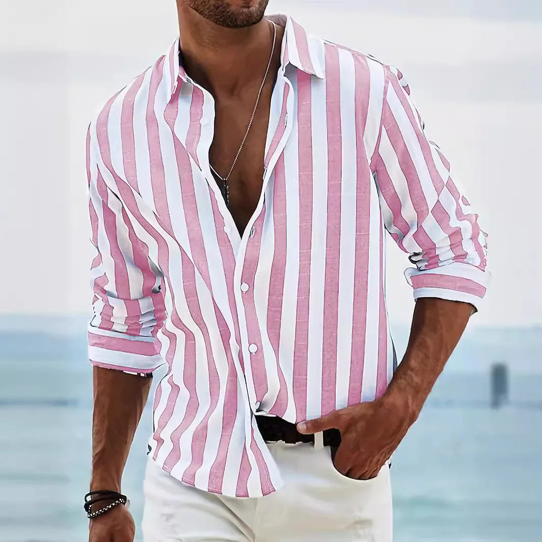 Striped summer shirt made of cotton and linen for men - Moritz-Pink-S-Nora Luxe