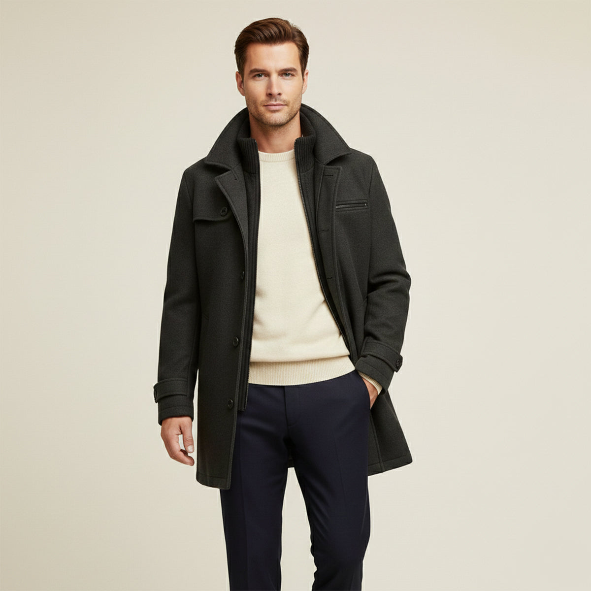 Waterproof Men's Long Coat with Adjustable Sleeves