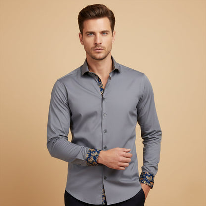 Slim Fit Gray Cotton Dress Shirt for Men