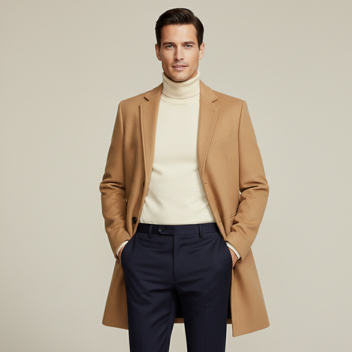Classic Men's Slim Fit Camel Wool Overcoat