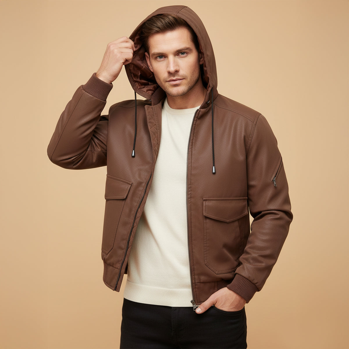 Premium Mens Black Leather Padded Jacket with Hood
