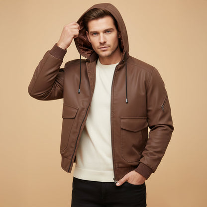 Premium Mens Black Leather Padded Jacket with Hood