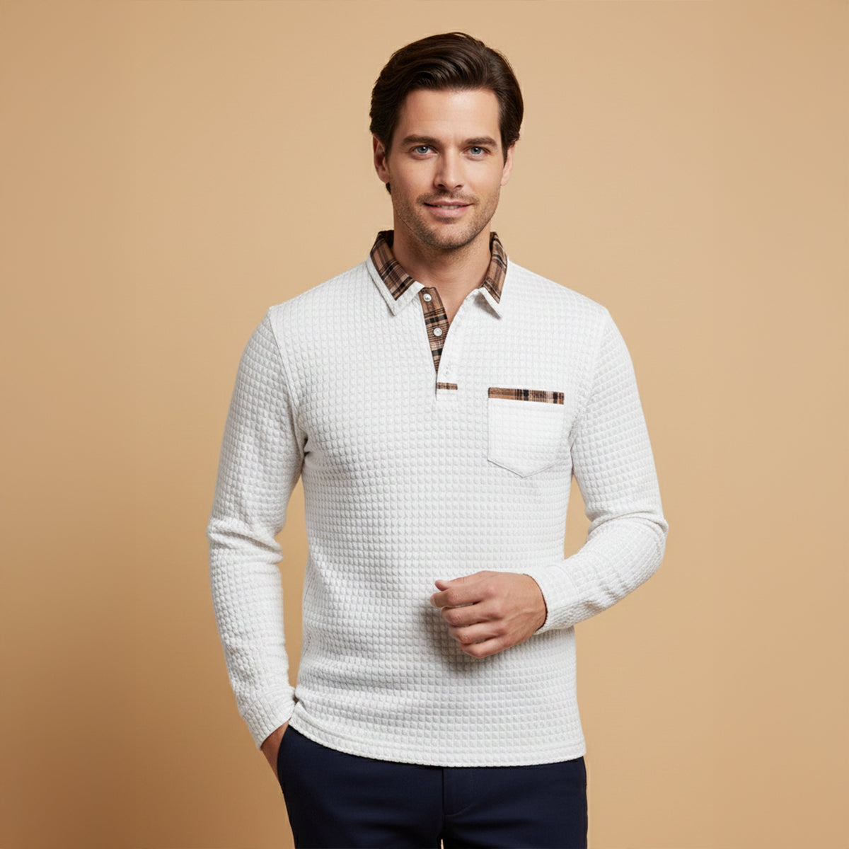 Classic Men's Waffle Polo Sweater with Checked Collar