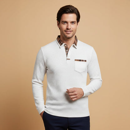 Classic Men's Waffle Polo Sweater with Checked Collar