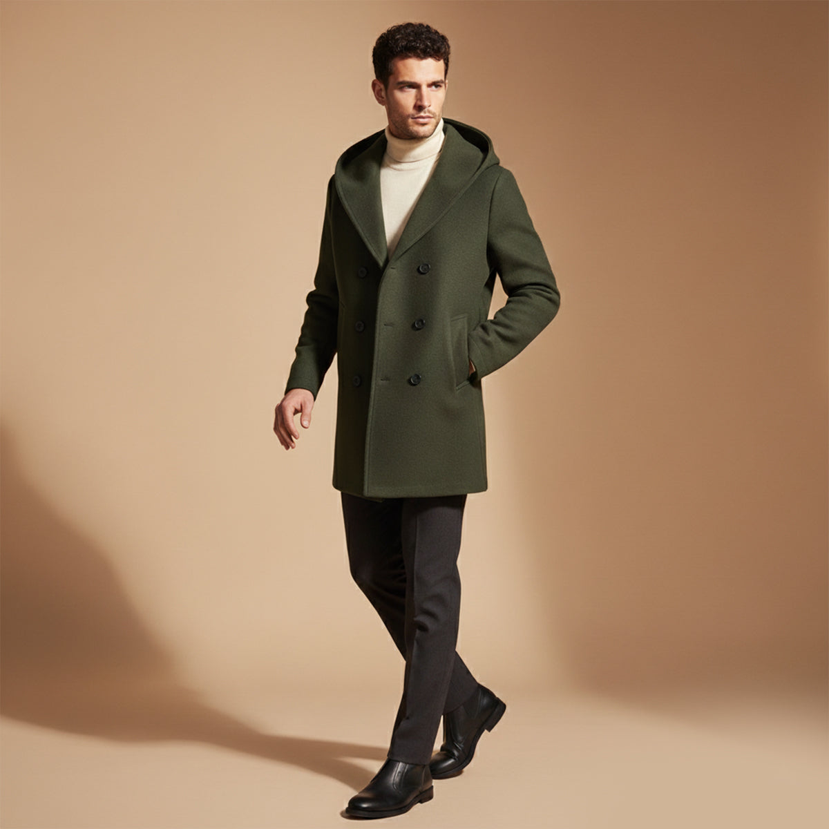 Classic Double Breasted Men's Hooded Trench Coat