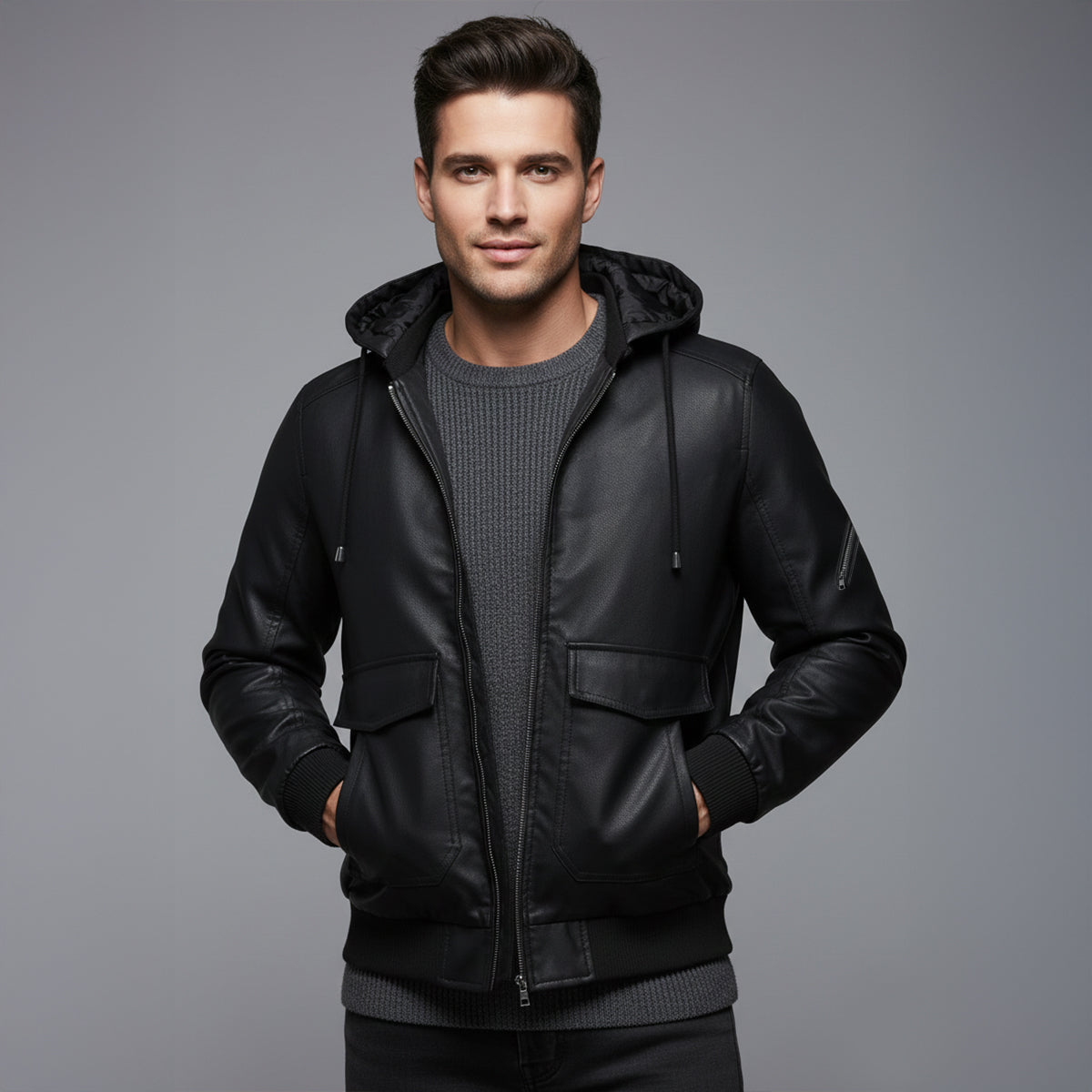 Premium Mens Black Leather Padded Jacket with Hood