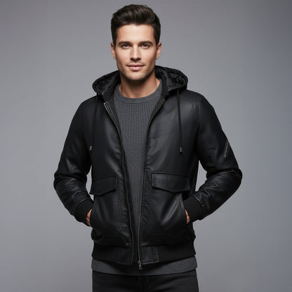 Premium Mens Black Leather Padded Jacket with Hood