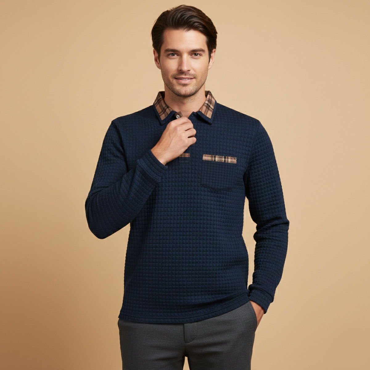 Classic Men's Waffle Polo Sweater with Checked Collar