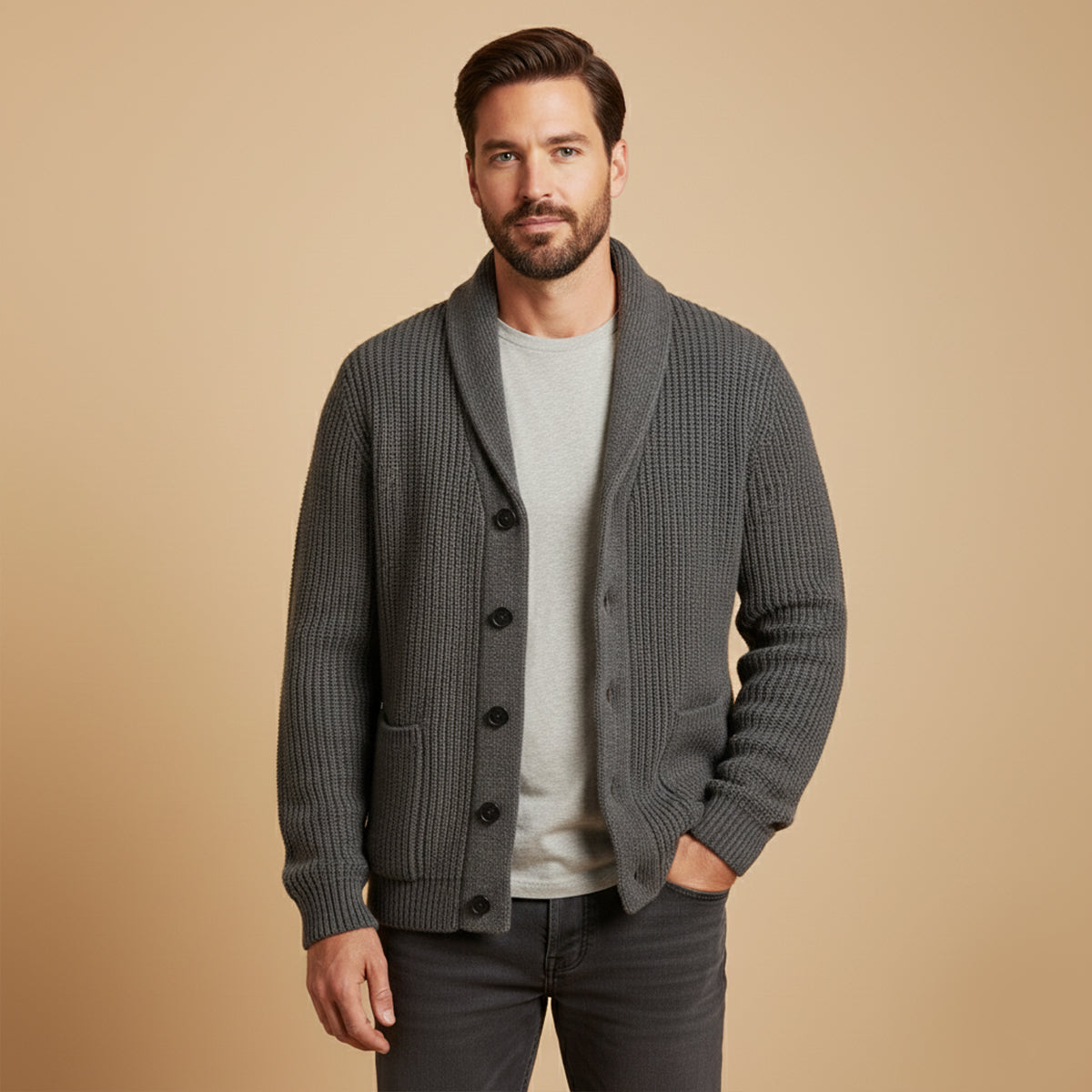 Cozy Men's Crew Neck Thick Knit Cardigan