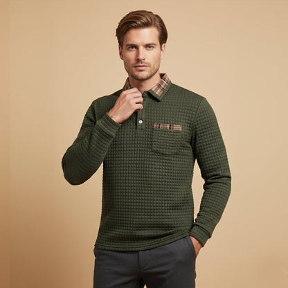 Classic Men's Waffle Polo Sweater with Checked Collar