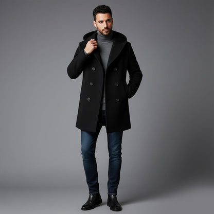 Classic Double Breasted Men's Hooded Trench Coat