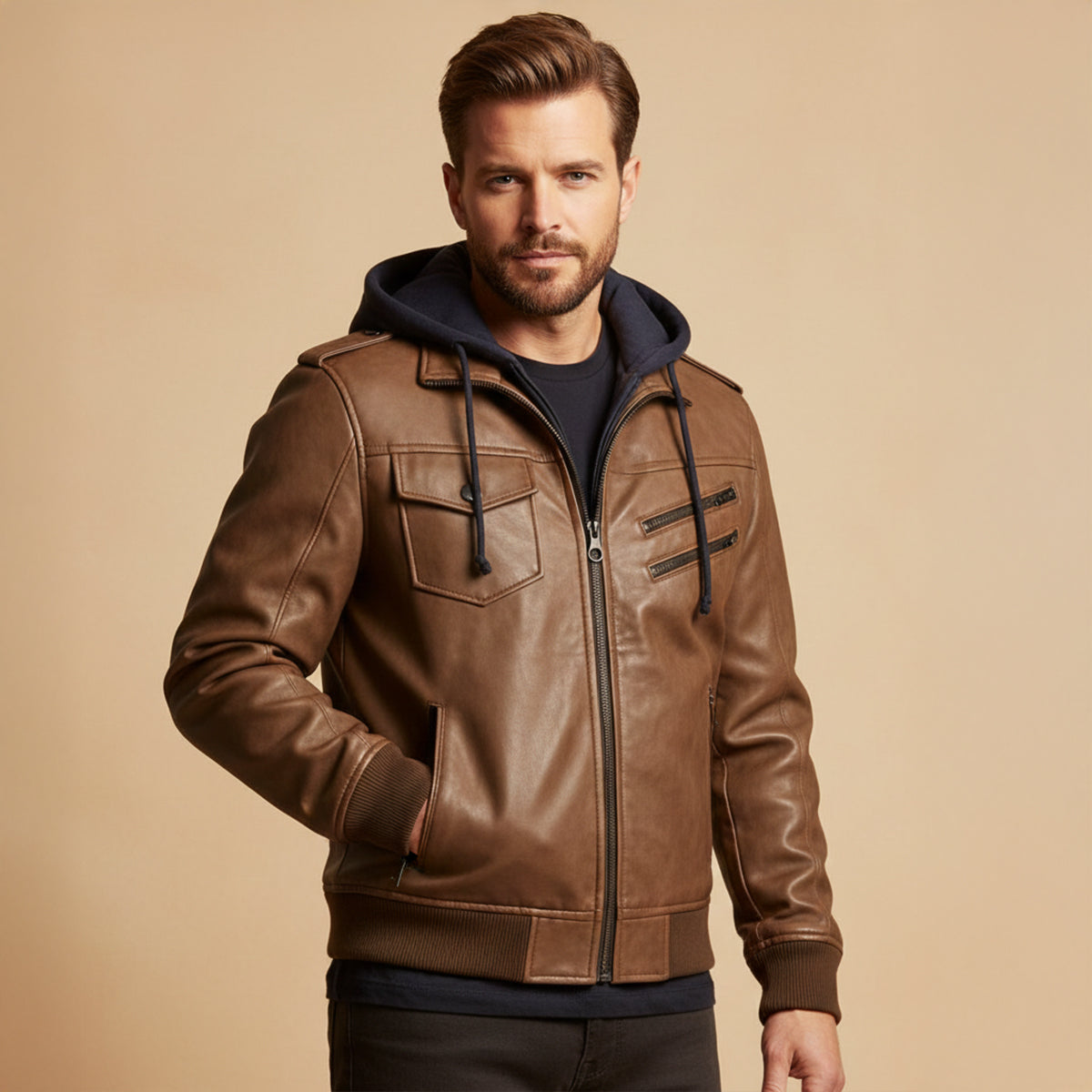 Men's Classic Faux Leather Bomber Jacket