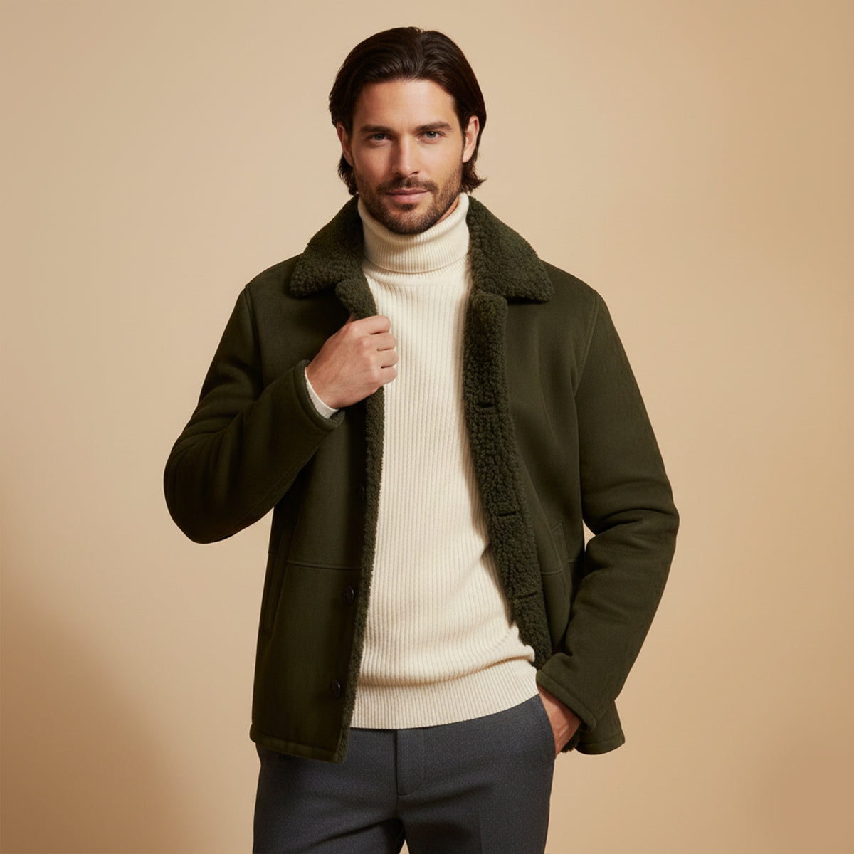 Warm Sheepskin Mens Classic Parka Coat