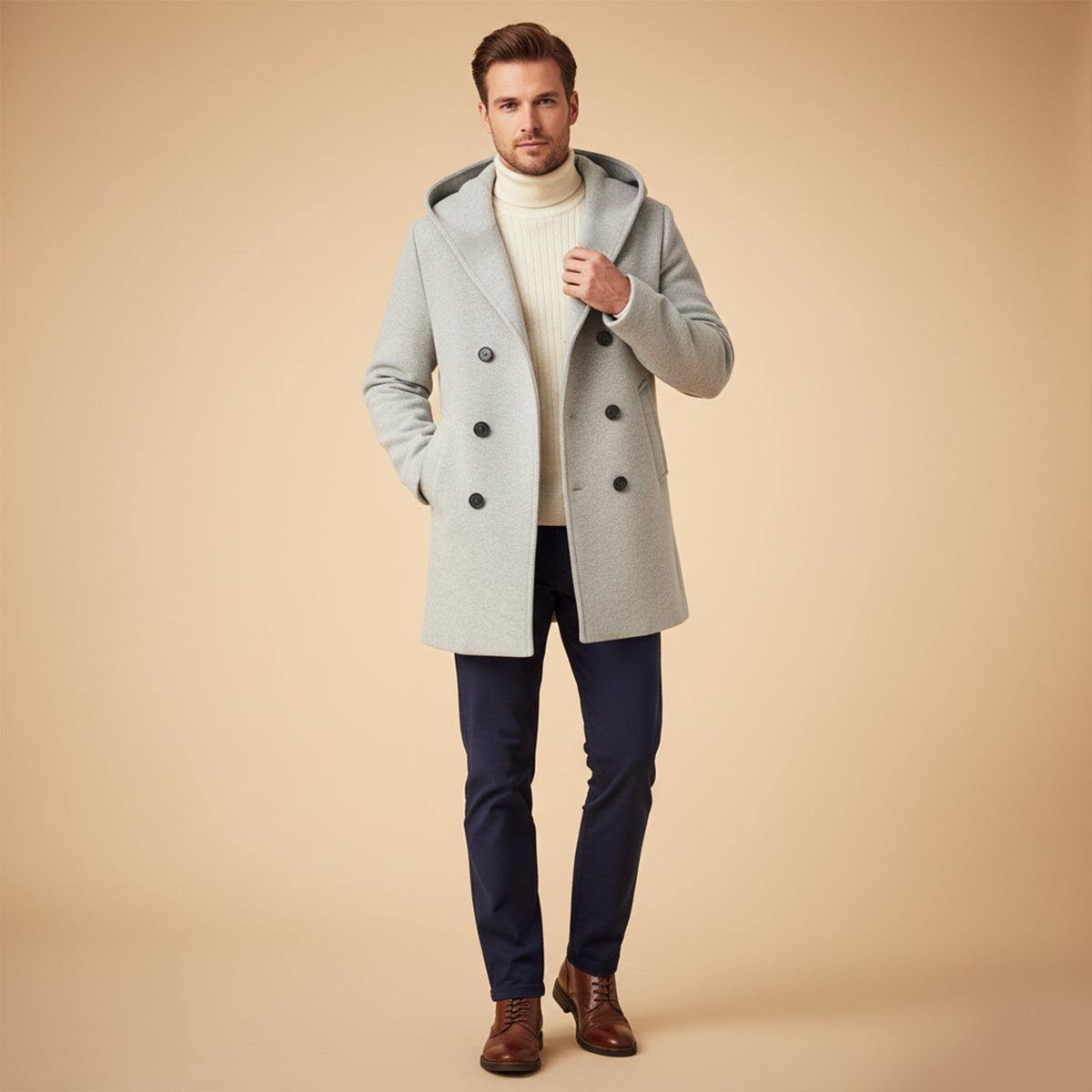Classic Double Breasted Men's Hooded Trench Coat