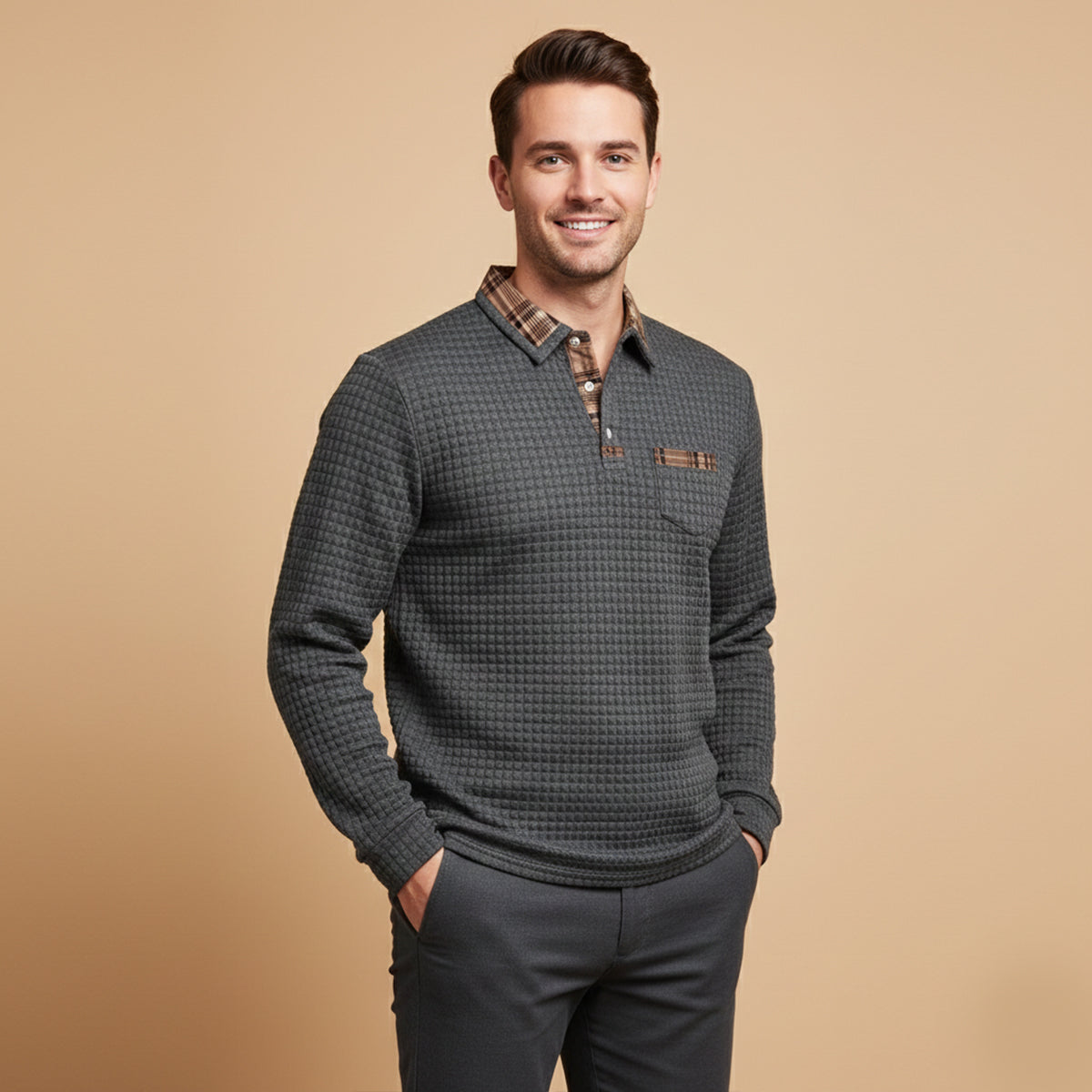 Classic Men's Waffle Polo Sweater with Checked Collar