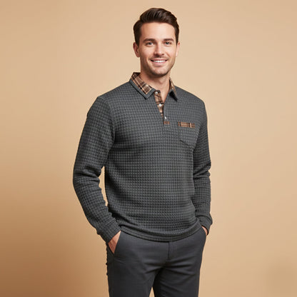 Classic Men's Waffle Polo Sweater with Checked Collar