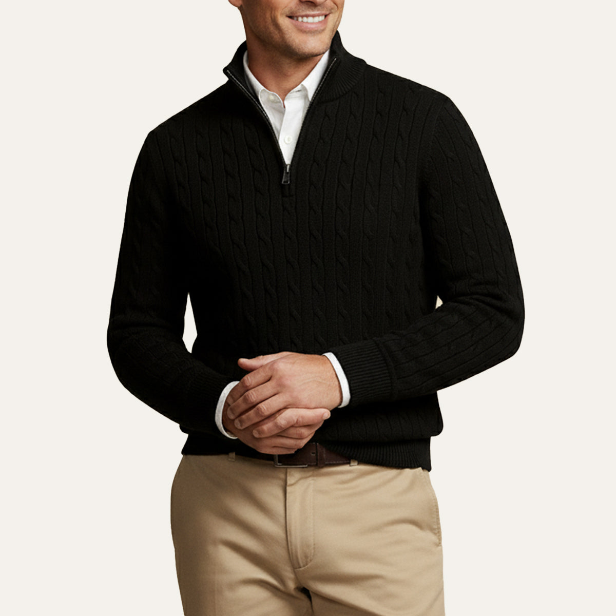 Classic Cable Knit Zip Sweater for Men