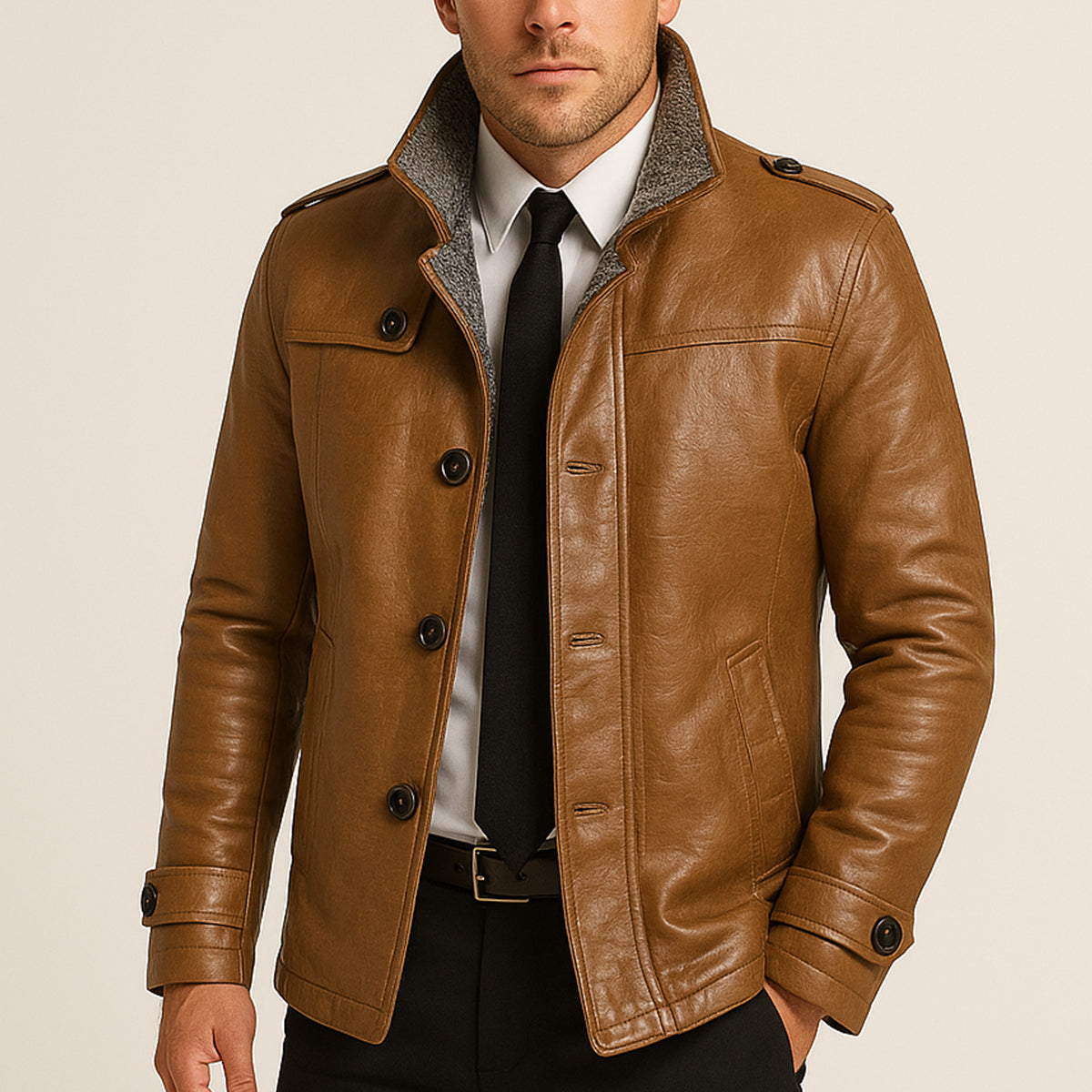Men's Faux Leather Biker Jacket - Thermal Fleece Lined Winter Coat