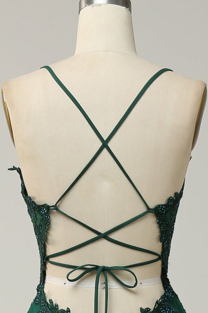Stylish A-line Evening Dress with Spaghetti Straps and Lace-up Closure - Julia-Dark green-0-Nora Luxe
