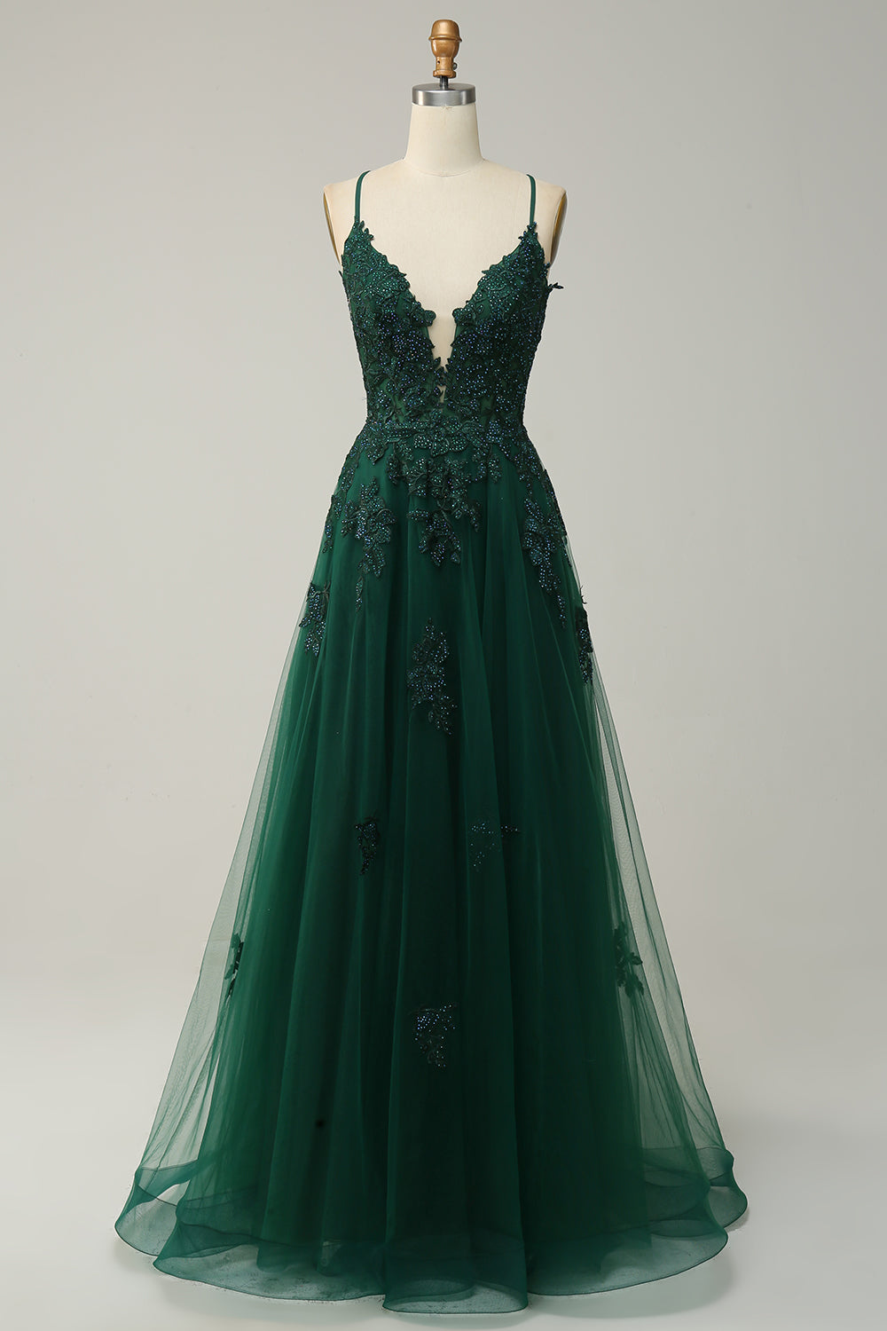 Elegant V-Neck Lace Evening Gown with Thin Straps - Pexav