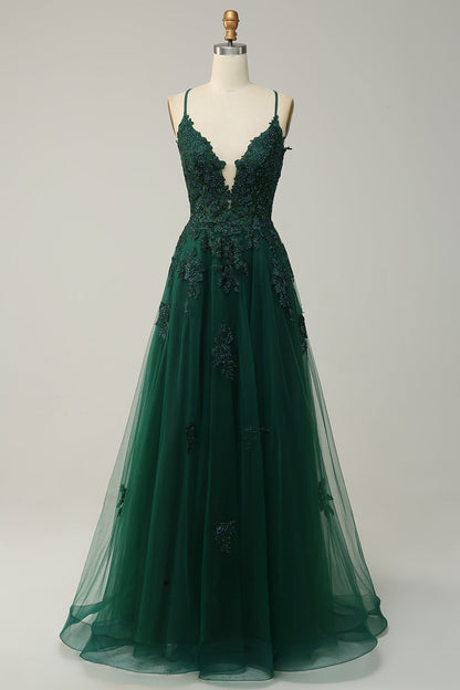 Elegant V-Neck Lace Evening Gown with Thin Straps - Pexav