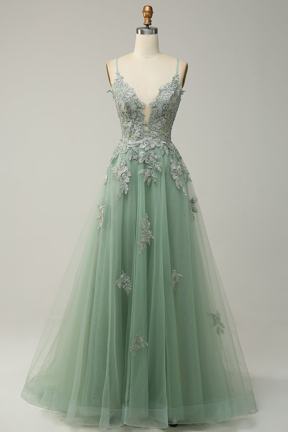 Stylish A-line Evening Dress with Spaghetti Straps and Lace-up Closure - Julia-Green-0-Nora Luxe