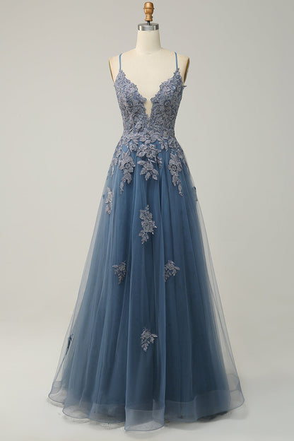 Stylish A-line Evening Dress with Spaghetti Straps and Lace-up Closure - Julia-Grey-blue-0-Nora Luxe