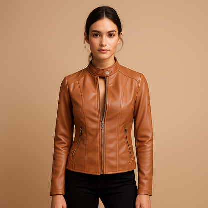 Women’s stylish biker jacket with symmetrical zipper, snap-button collar, and silver details, suitable for casual and elegant outfits.