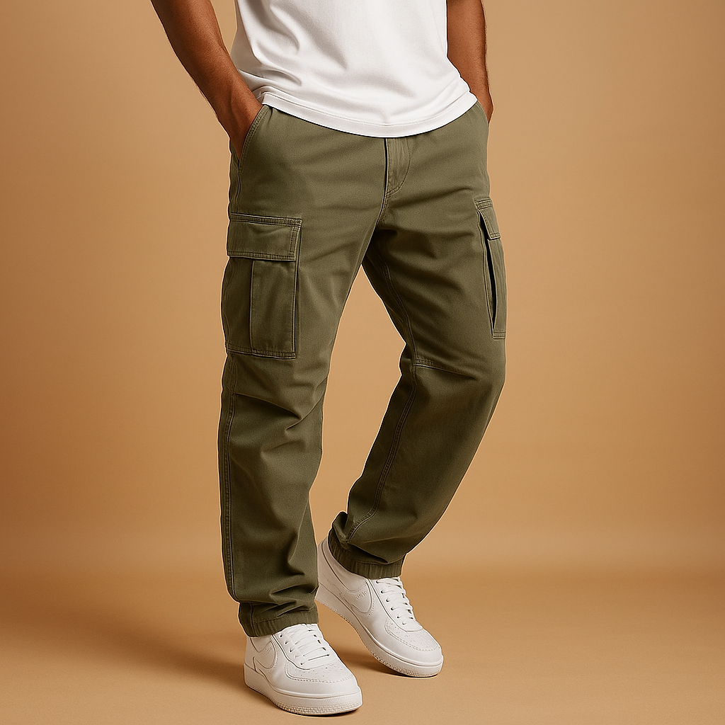 Men’s stylish cargo pants with regular fit and multiple pockets, ideal for work, casual wear, and everyday comfort.